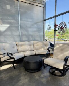 Dining Patio Furniture with love sea and two swivel chairs and table